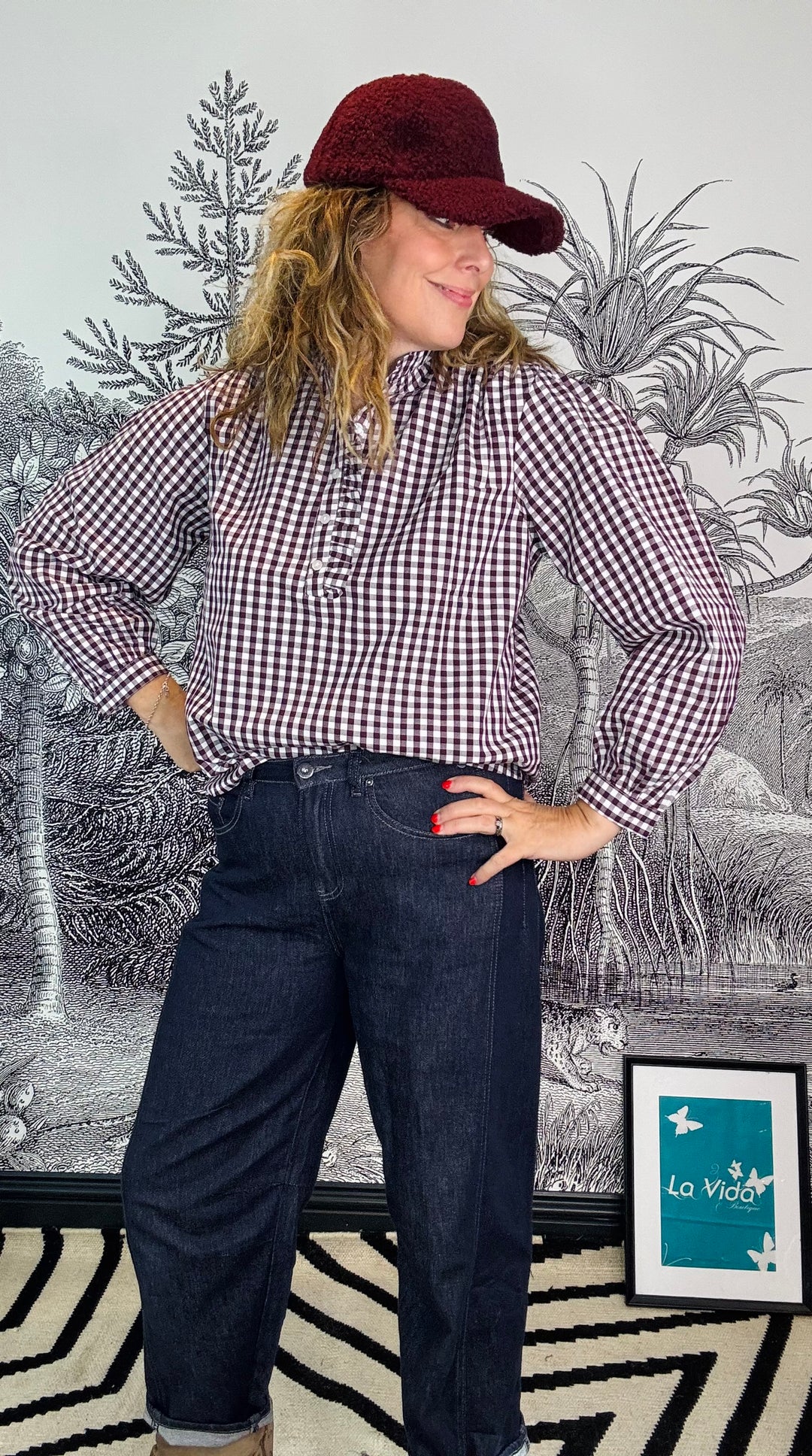 Braemar Cotton Blouse Plum Gingham Pattern