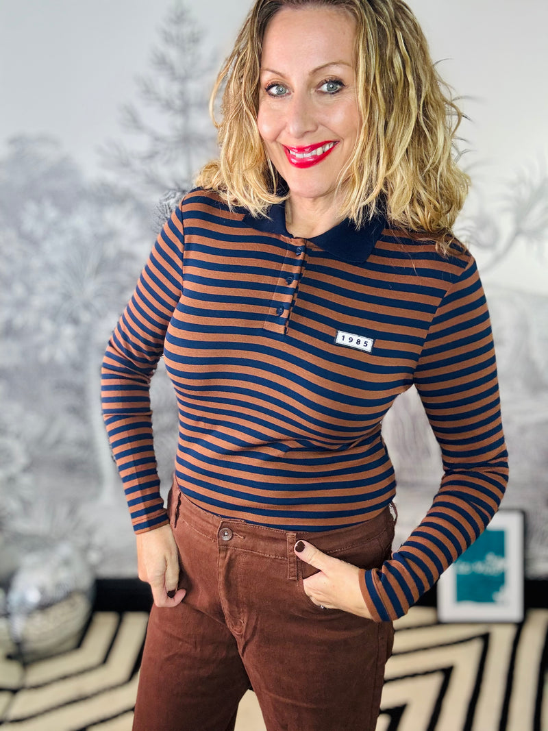 Aponie Striped Polo Top in Tan/Navy