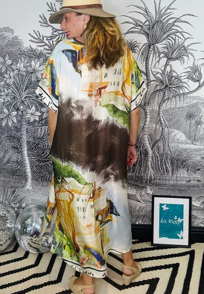 Tuscany Satin Style Maxi Dress in Scene Print