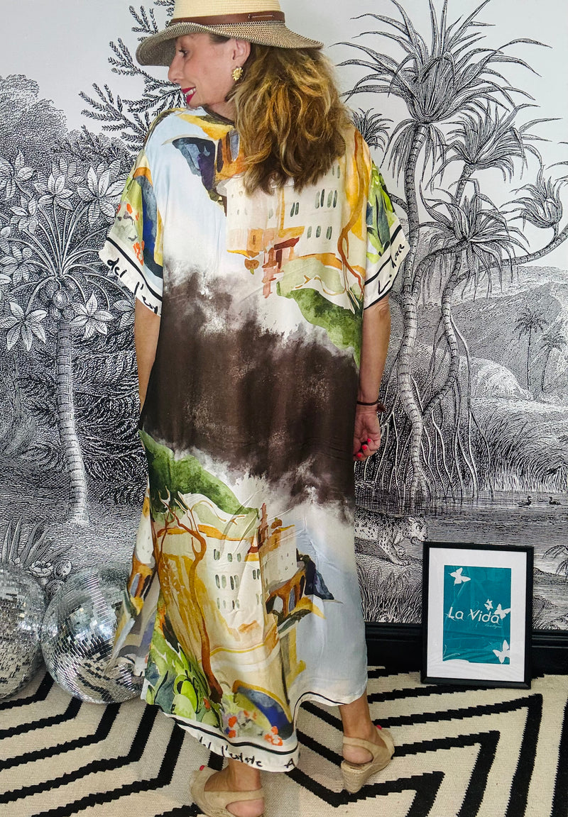 Tuscany Satin Style Maxi Dress in Scene Print
