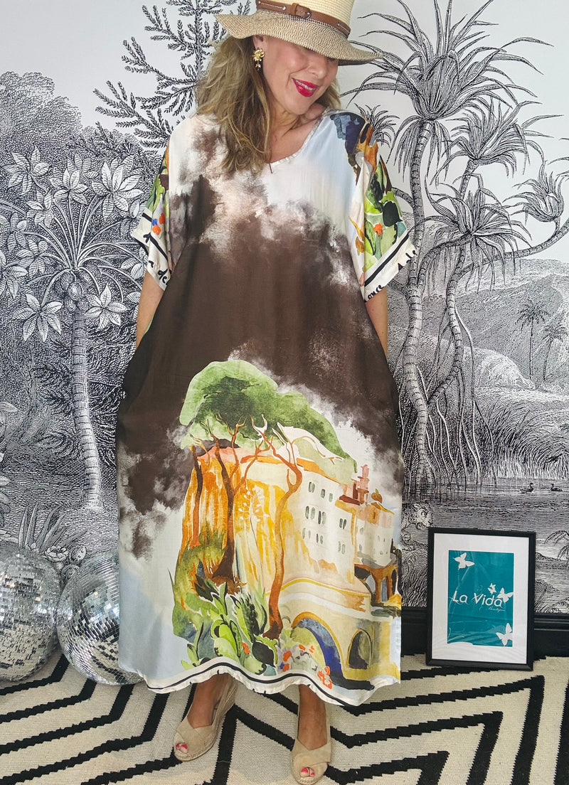 Tuscany Satin Style Maxi Dress in Scene Print