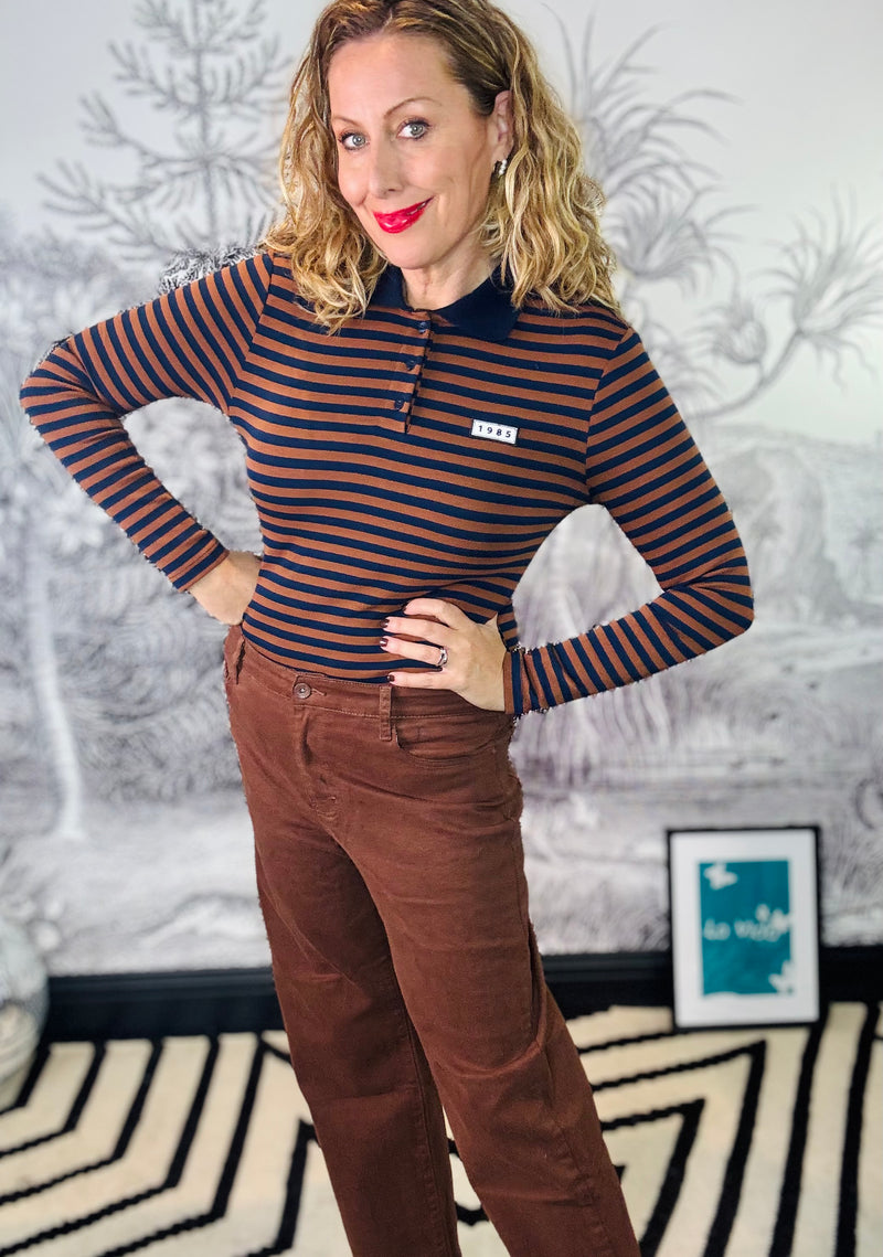 Aponie Striped Polo Top in Tan/Navy