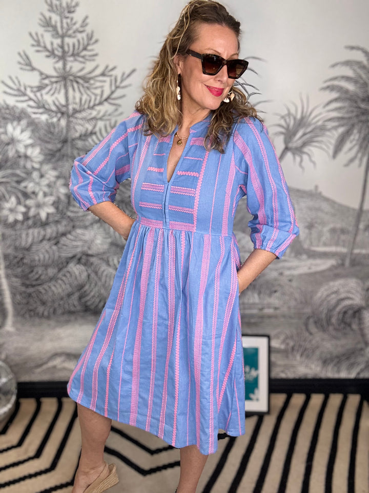 St. Tropez Cotton Dress Embroidered Pattern Blue/Neon Pink