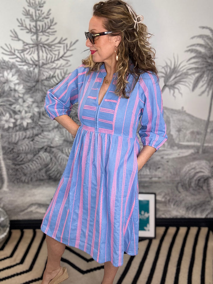 St. Tropez Cotton Dress Embroidered Pattern Blue/Neon Pink