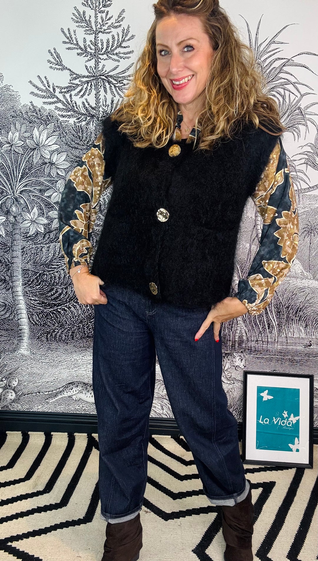Joerk Mohair Knitted Button Vest in Black