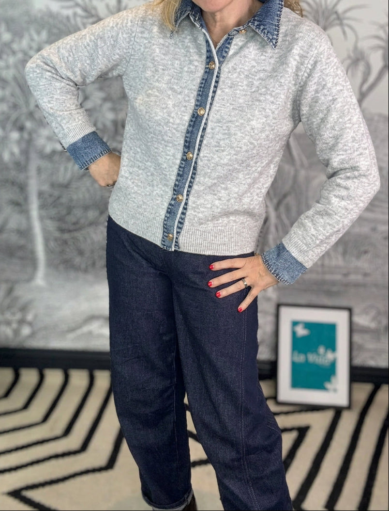 Dawny Denim Collar &amp; Cuff Cardigan Jacket