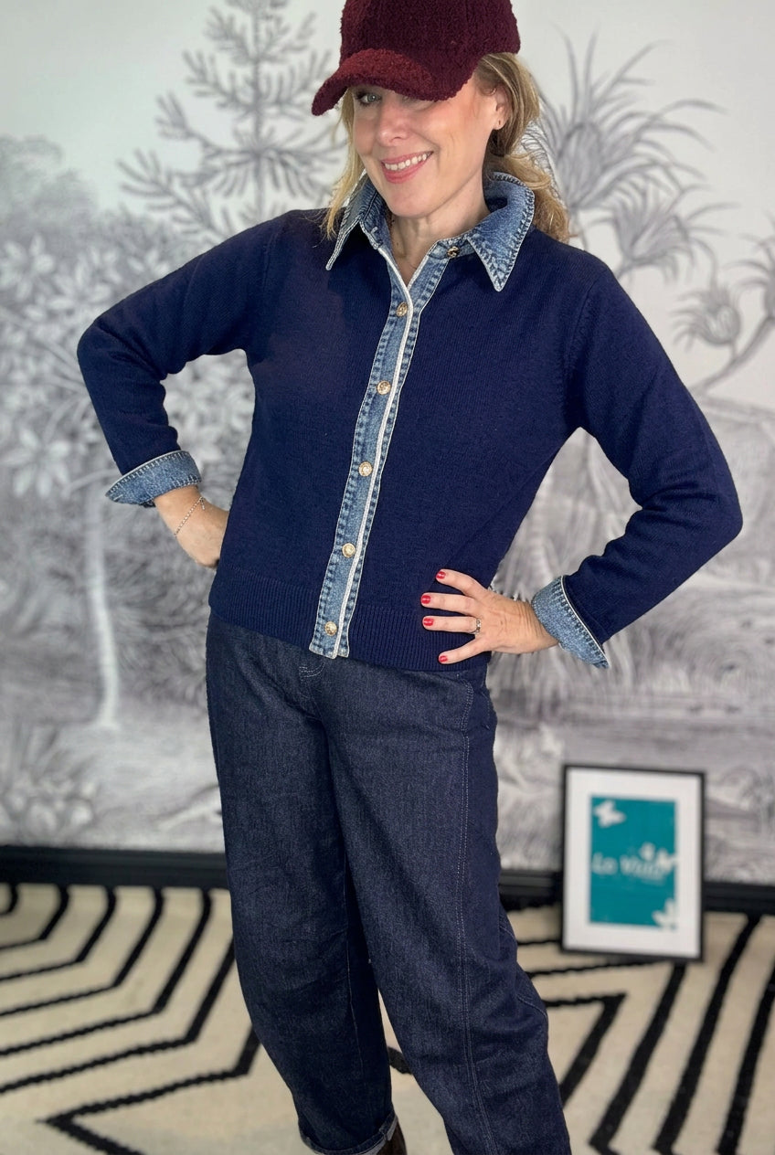 Dawny Denim Collar &amp; Cuff Cardigan Jacket