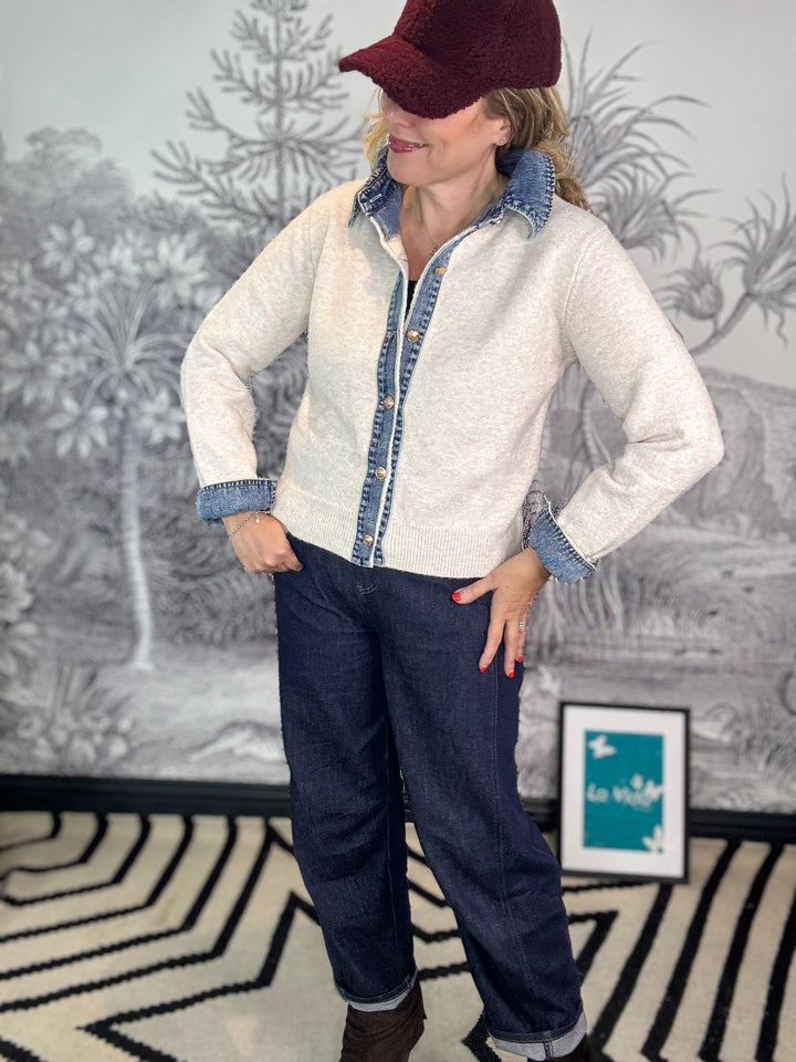 Dawny Denim Collar &amp; Cuff Cardigan Jacket