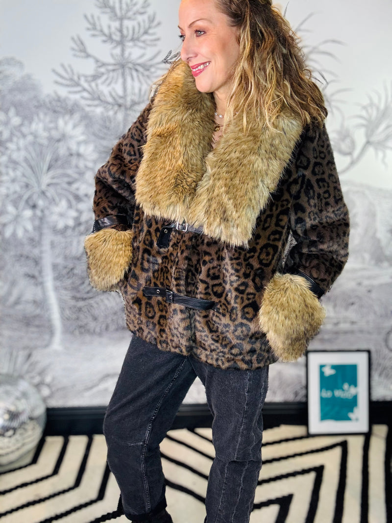 Lizzie Leopard Faux Fur Coat with Rich Collar & Cuffs in Brown