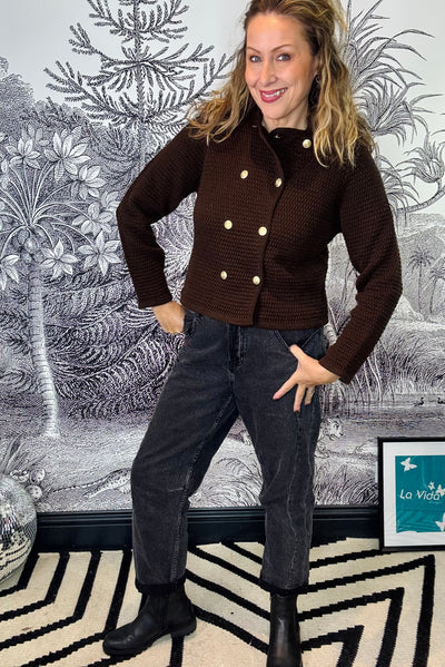 Voscar Double Breasted Knitted Cardigan in Brown