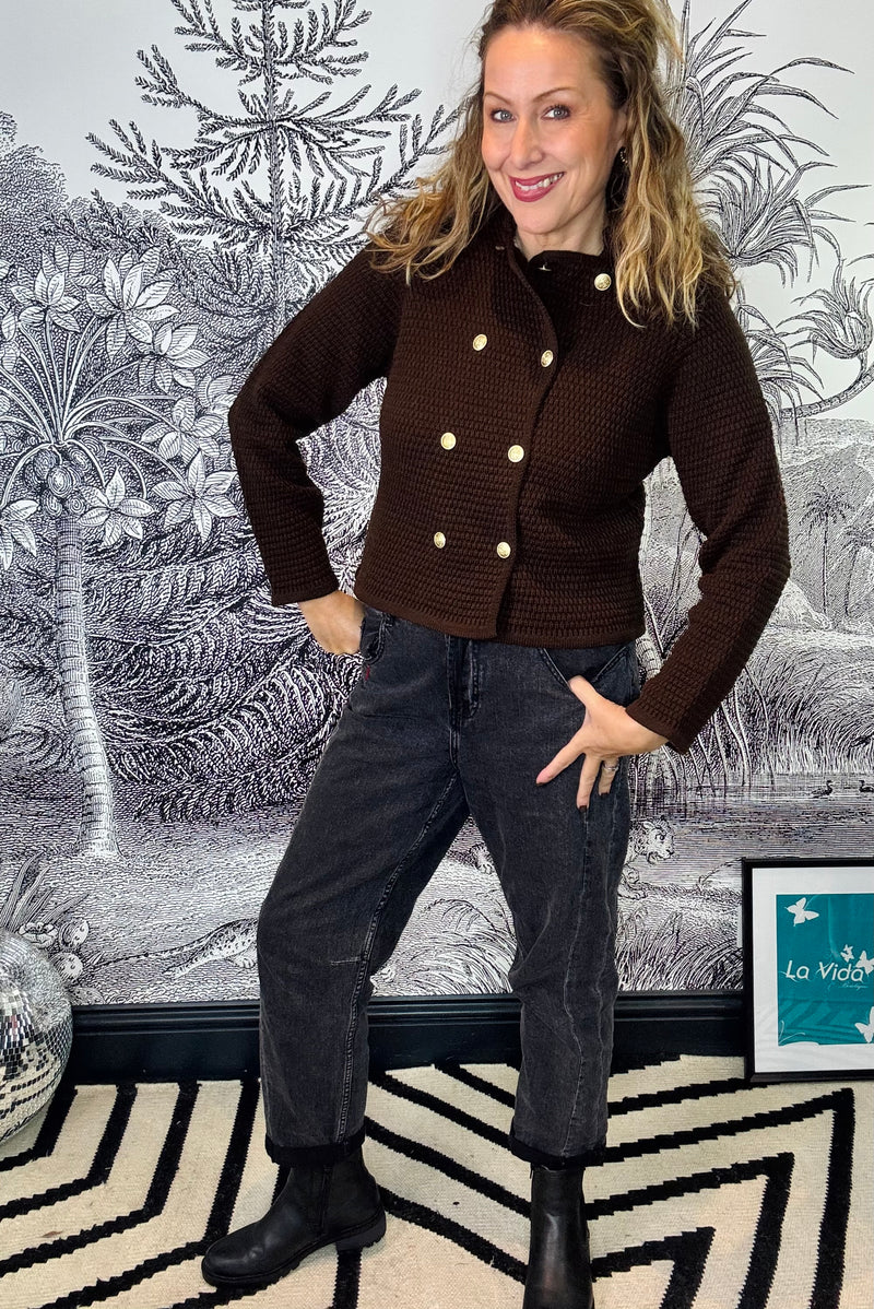 Voscar Double Breasted Knitted Cardigan in Brown