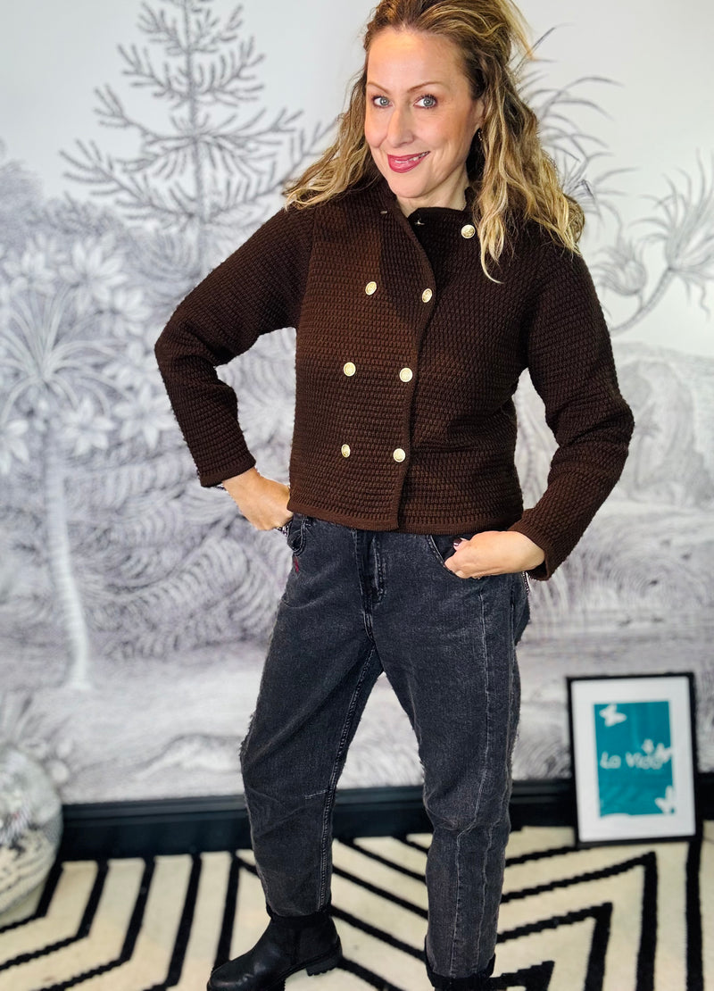 Voscar Double Breasted Knitted Cardigan in Brown