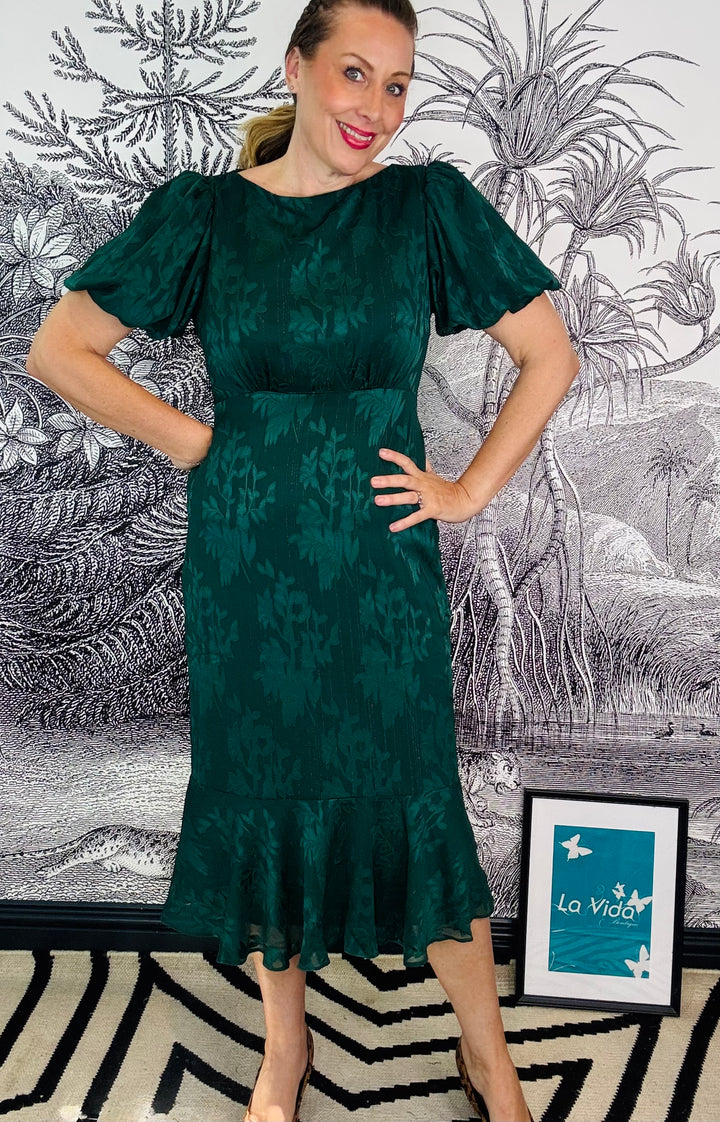 Forest Green Jacquard Puff Sleeve Midi Dress
