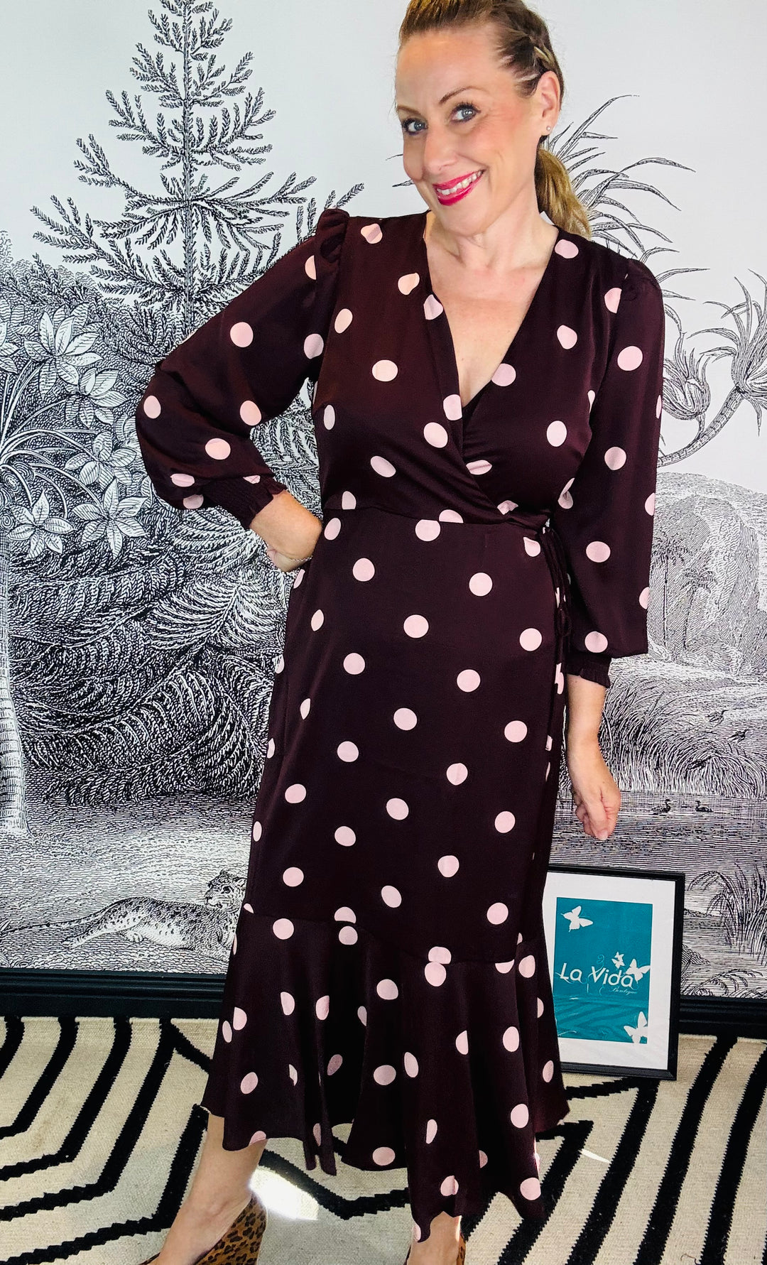 Berry Spot Wrap Long Sleeve Midaxi Dress