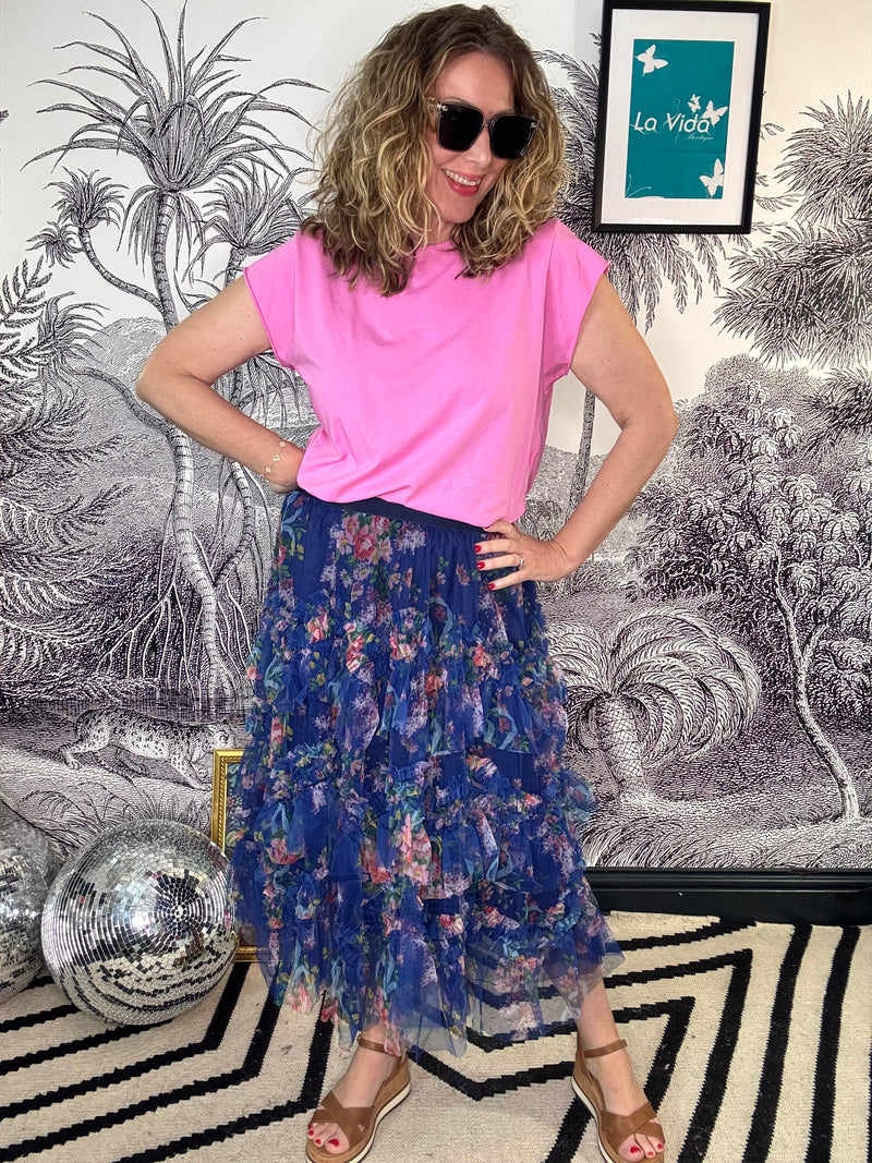 Olivia Ruffle Tulle Floral Midi Skirt