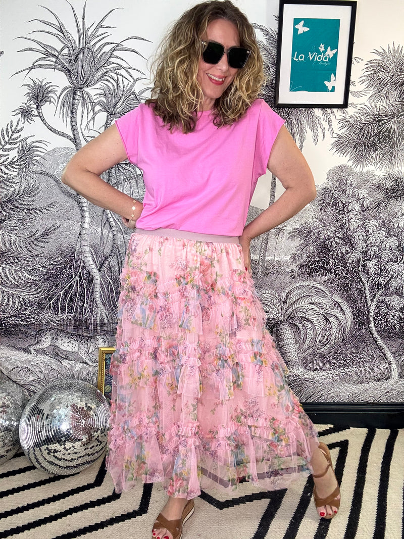 Olivia Ruffle Tulle Floral Midi Skirt