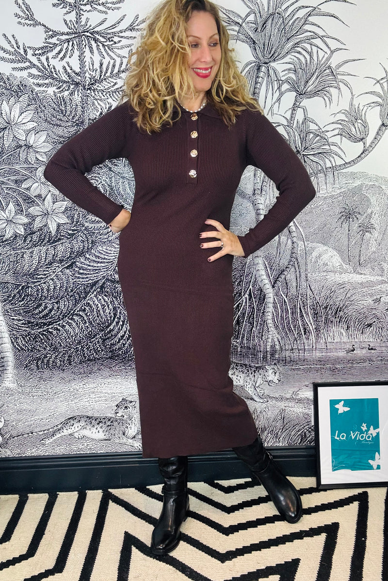 Nabolo Long Sleeve Knitted Dress in Brown