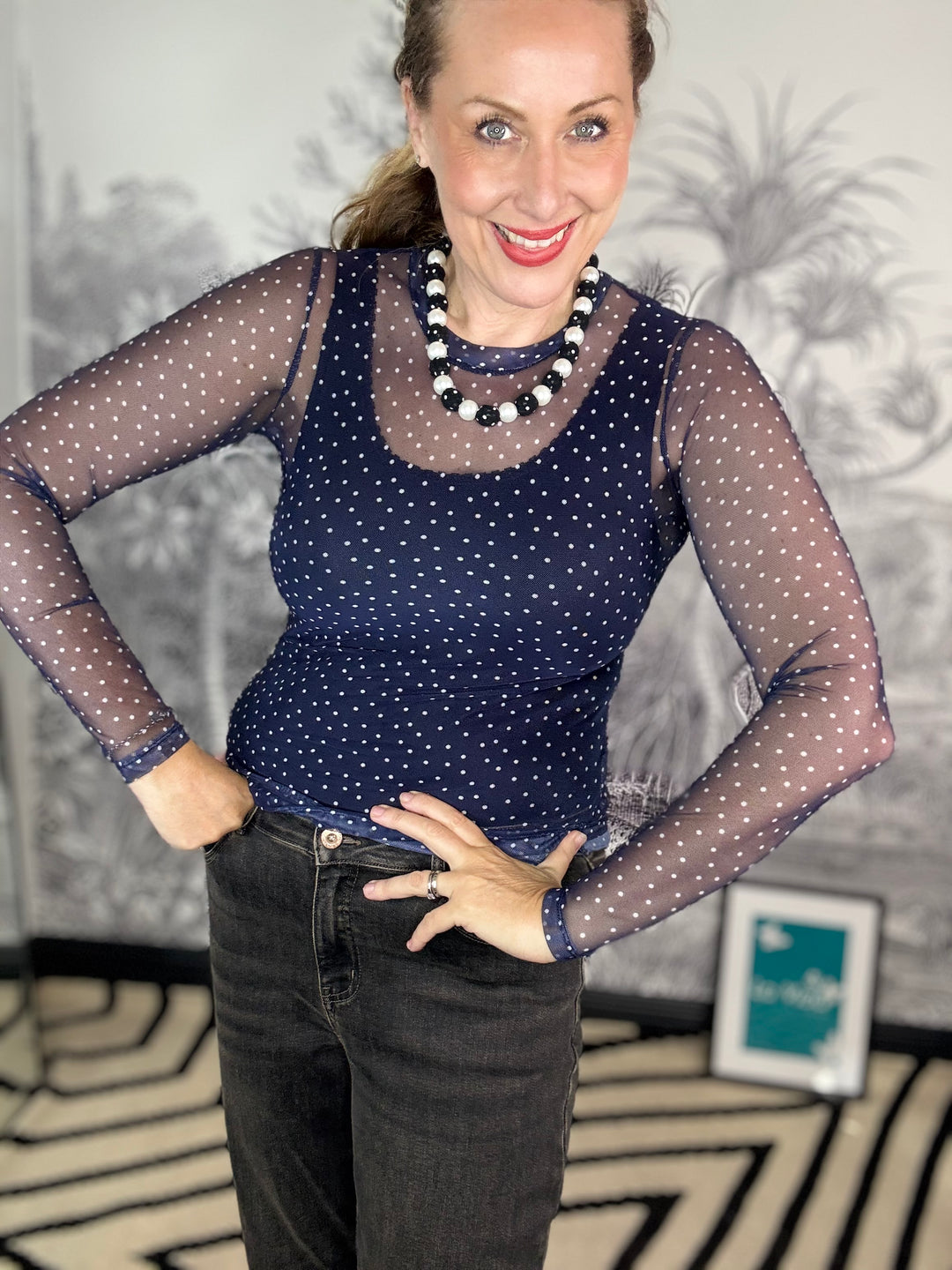 Anne Mesh Blouse Navy Dot