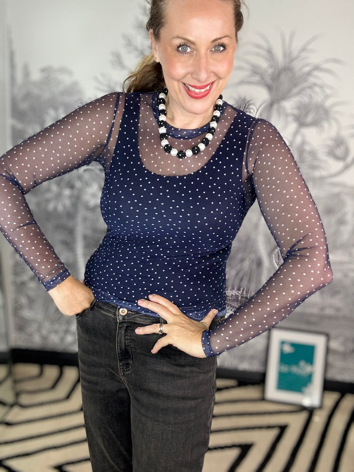 Anne Mesh Blouse Navy Dot