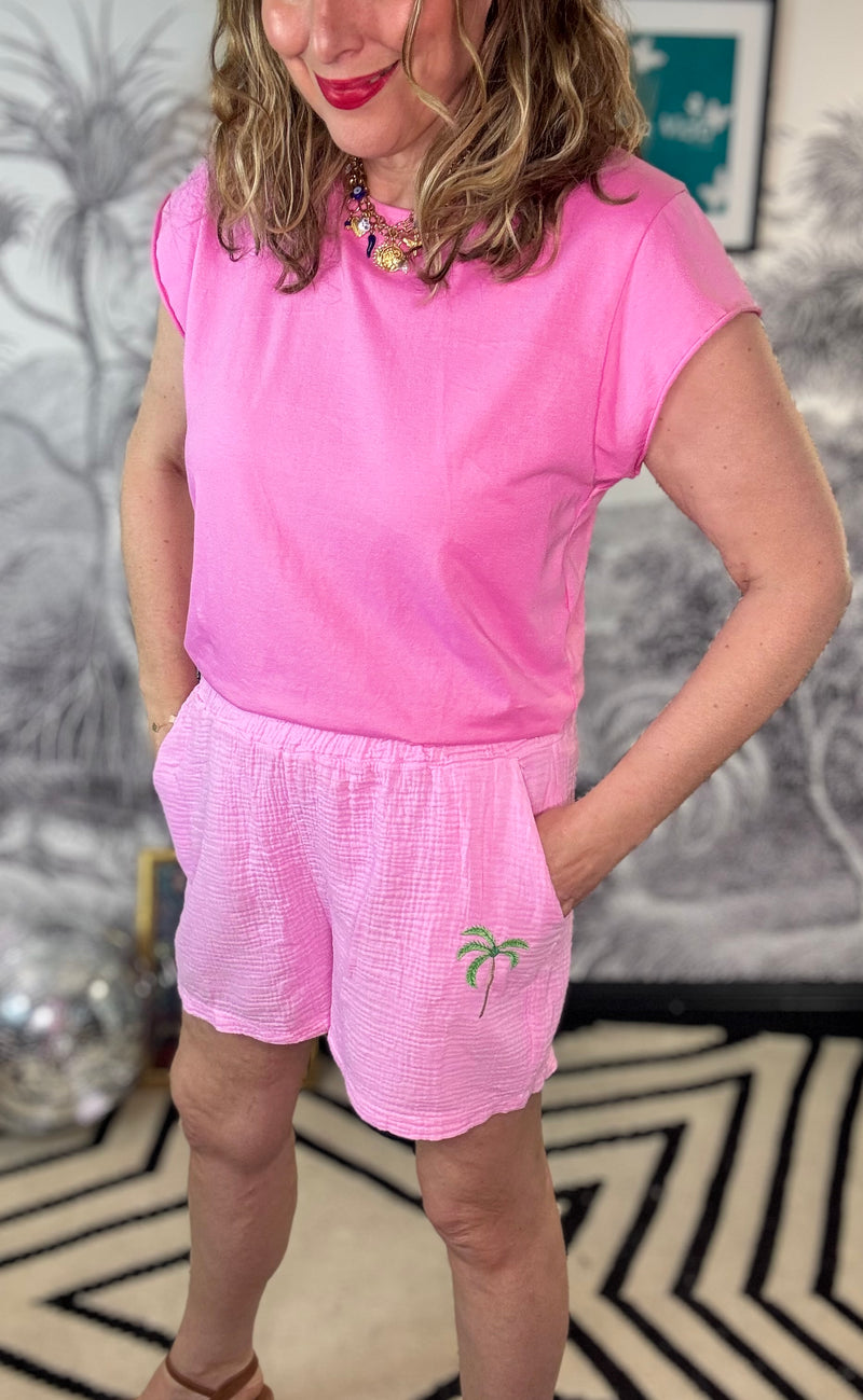 Mabel Palm Embroidered Cheesecloth Shorts
