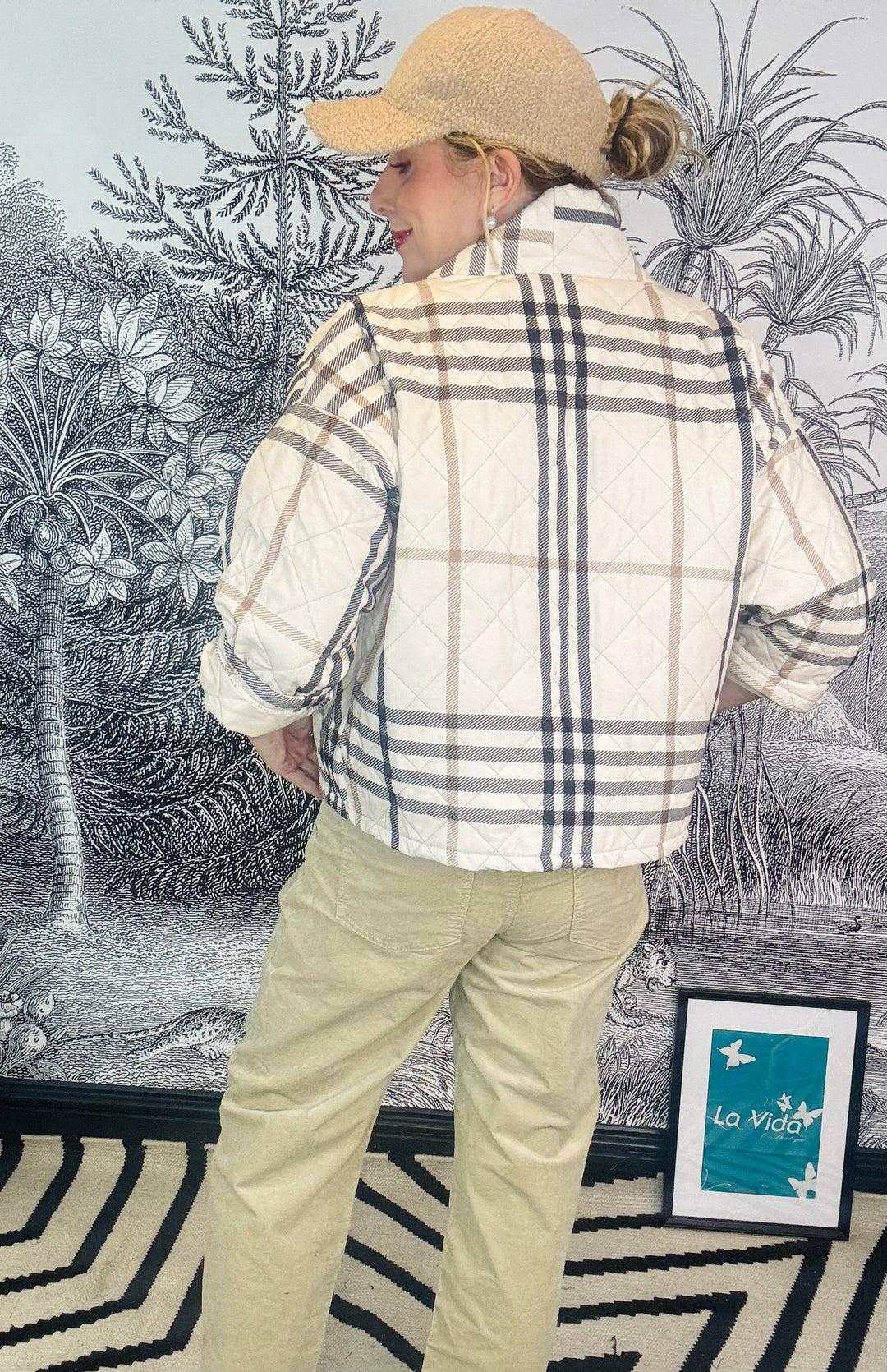 Blueberry Check Needlecord Quilted Kimono Jacket