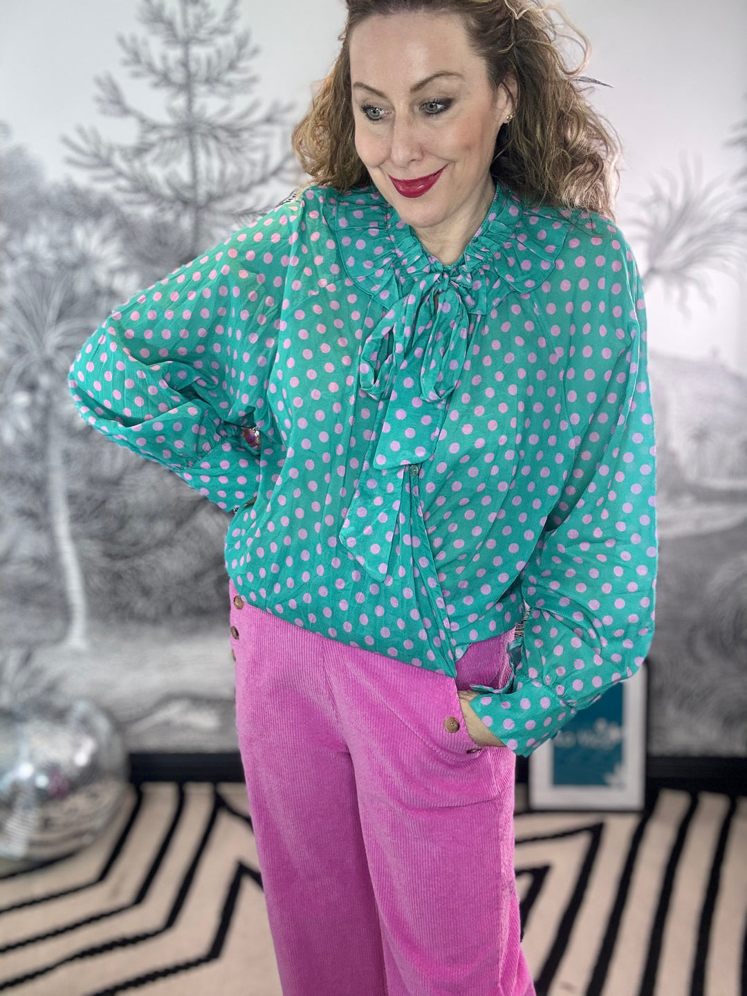 Camilla Ruffle Tie Neck Polka Dot Cotton Blouse