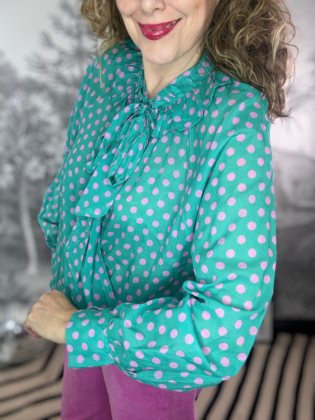 Camilla Ruffle Tie Neck Polka Dot Cotton Blouse