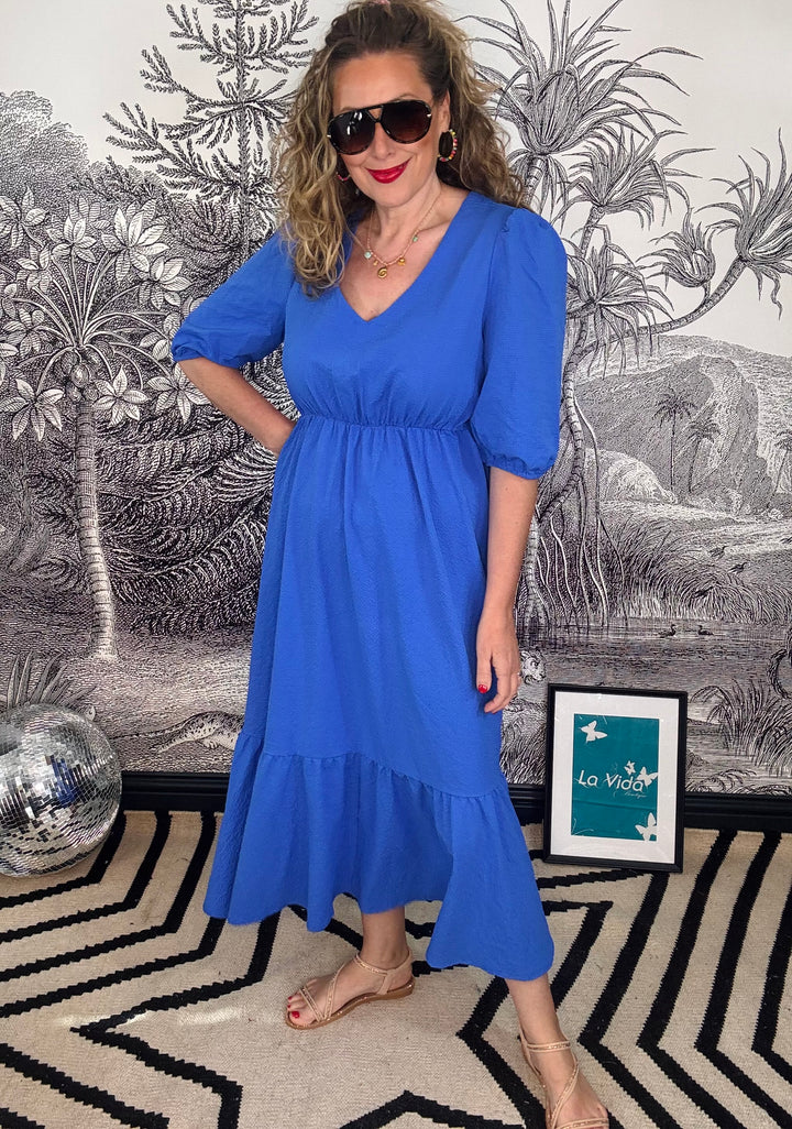 Azul Tiered V-Neck Midaxi Dress In Blue