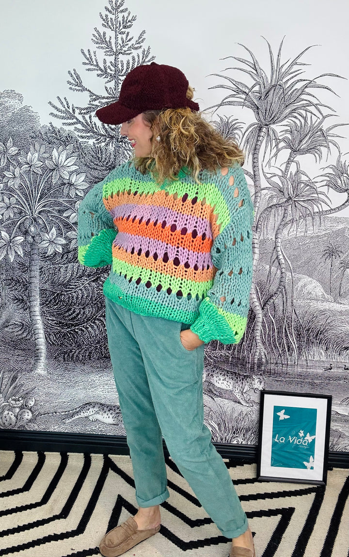Leanne Open Weave V Neck Colour Block Knit