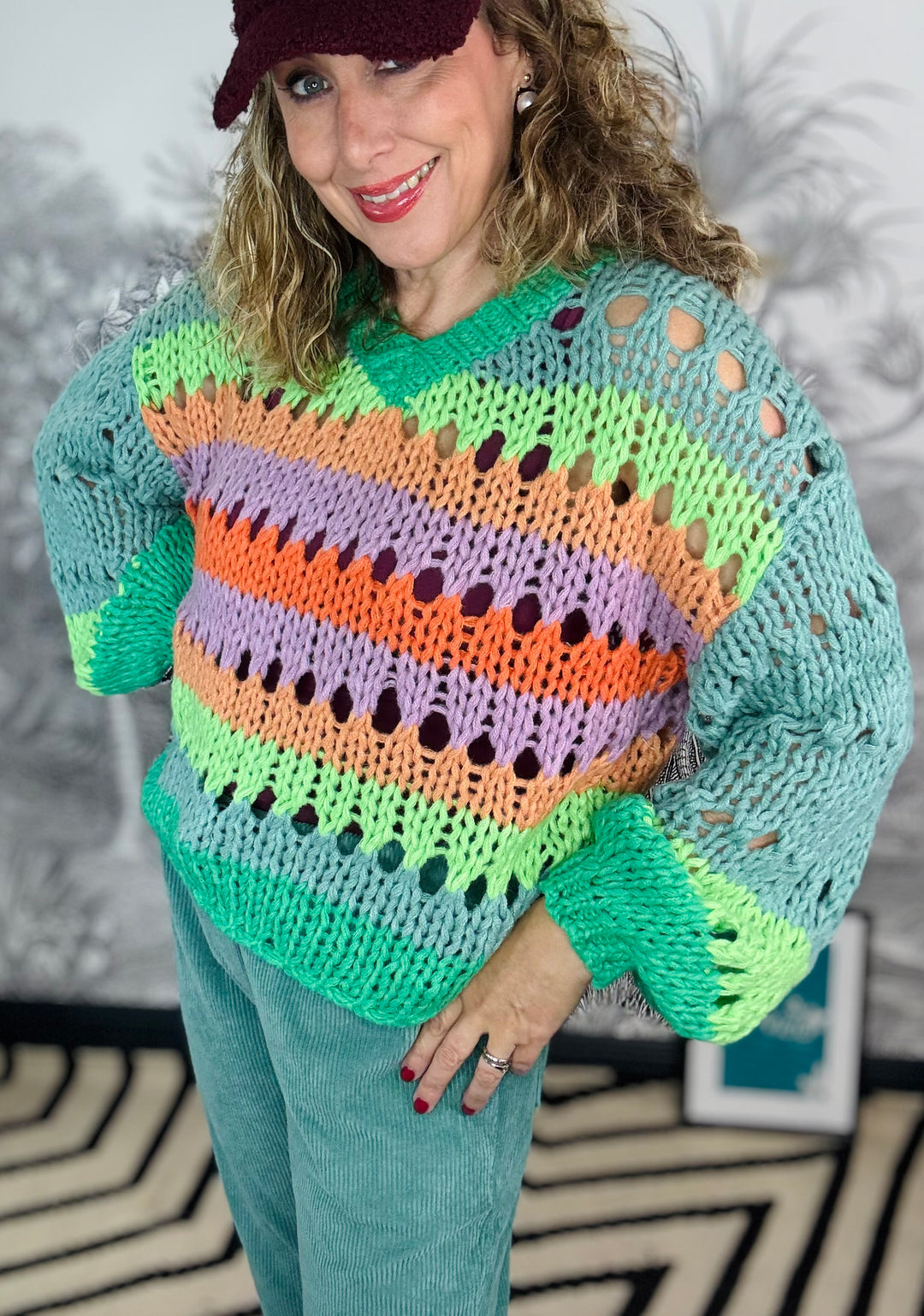 Leanne Open Weave V Neck Colour Block Knit