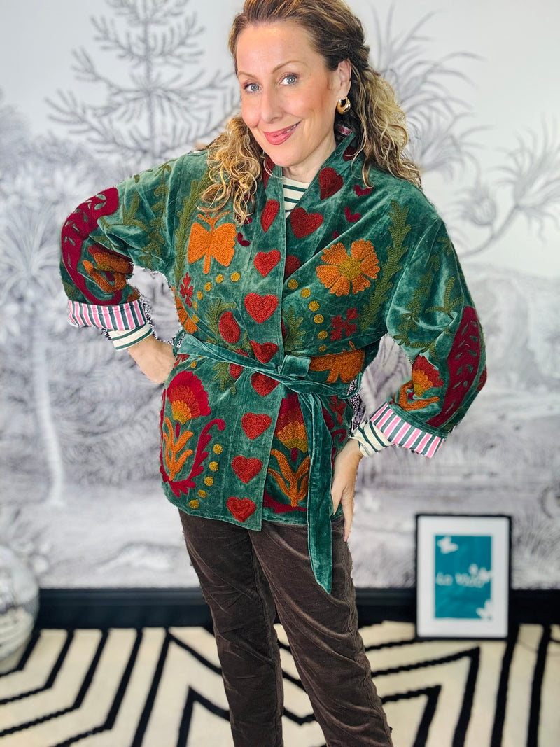 Amore Embroidered Velvet Wrap Coat