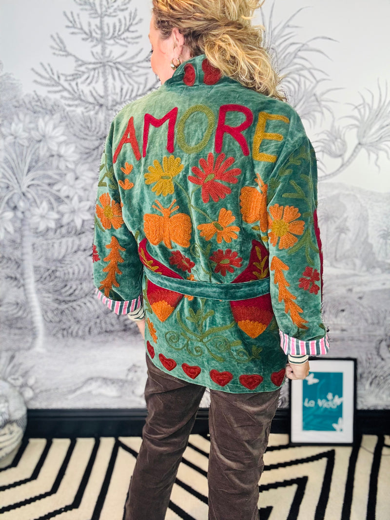 Amore Embroidered Velvet Wrap Coat