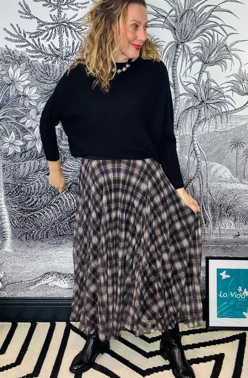 Tiva Tartan Midi Skirt in Grey Mix