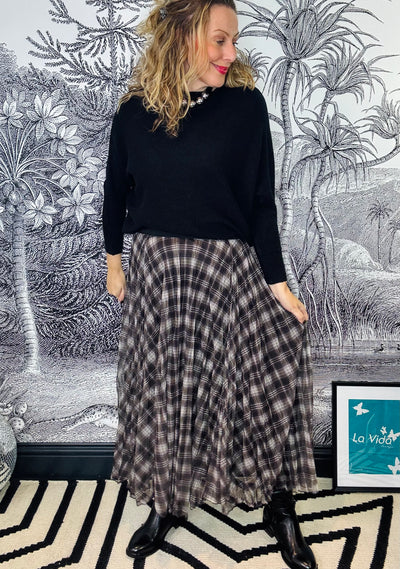 Tiva Tartan Midi Skirt in Grey Mix
