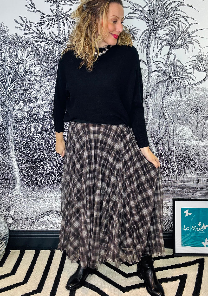 Tiva Tartan Midi Skirt in Grey Mix