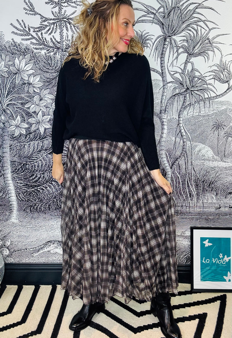 Tiva Tartan Midi Skirt in Grey Mix