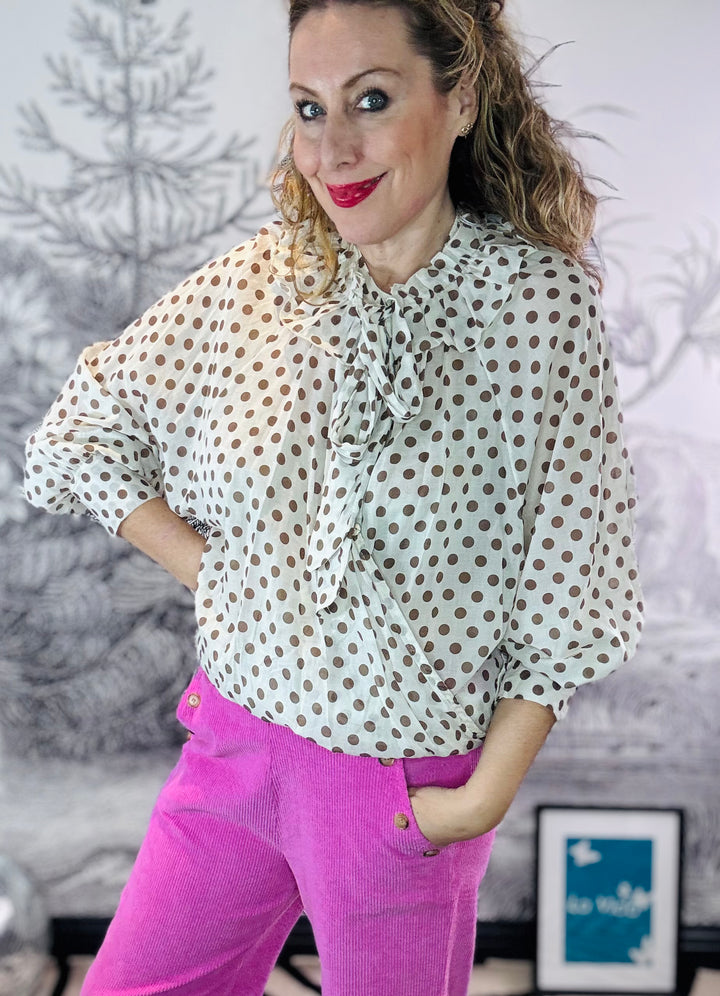 Camilla Ruffle Tie Neck Polka Dot Cotton Blouse