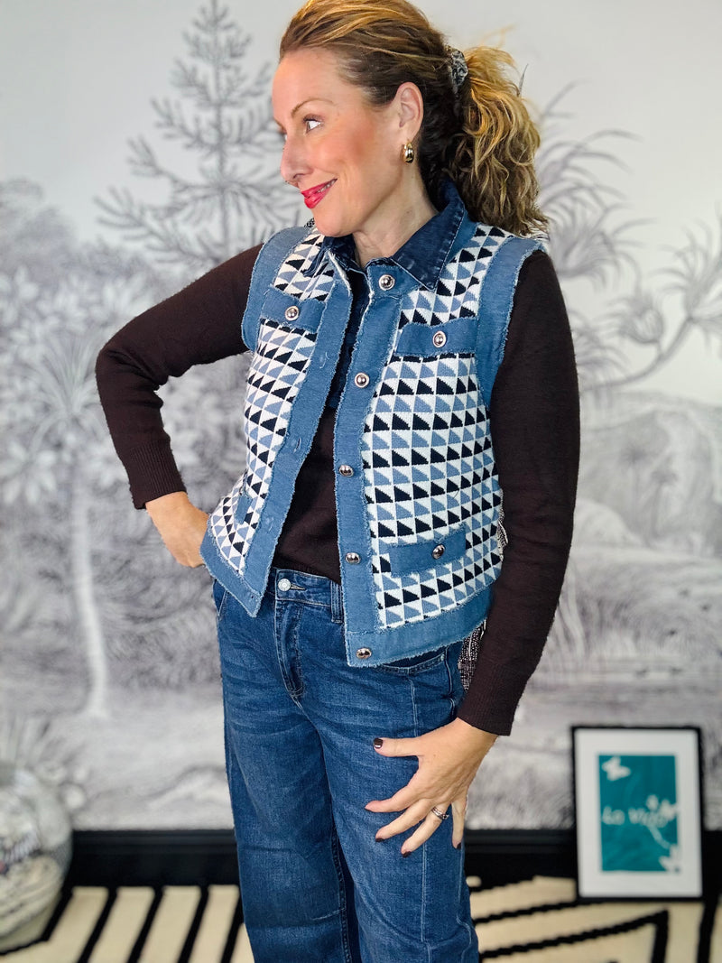 Neve Geo Knit & Denim Trim Gilet