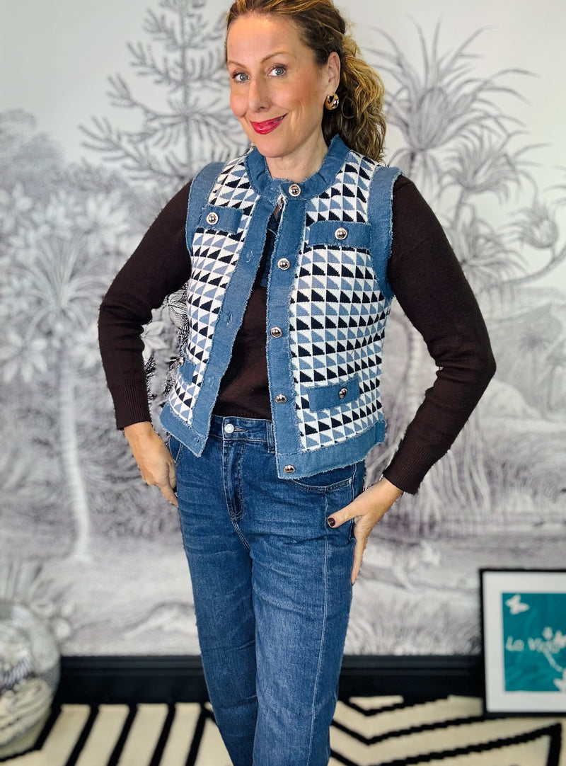 Neve Geo Knit & Denim Trim Gilet