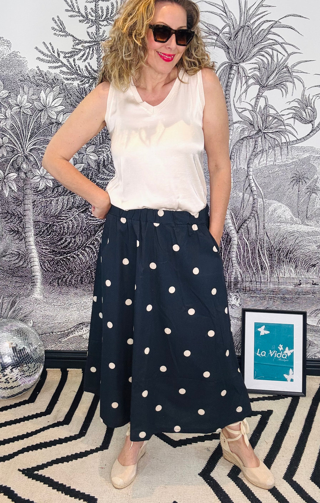 Abbie Skirt in Black With White Polka Dots