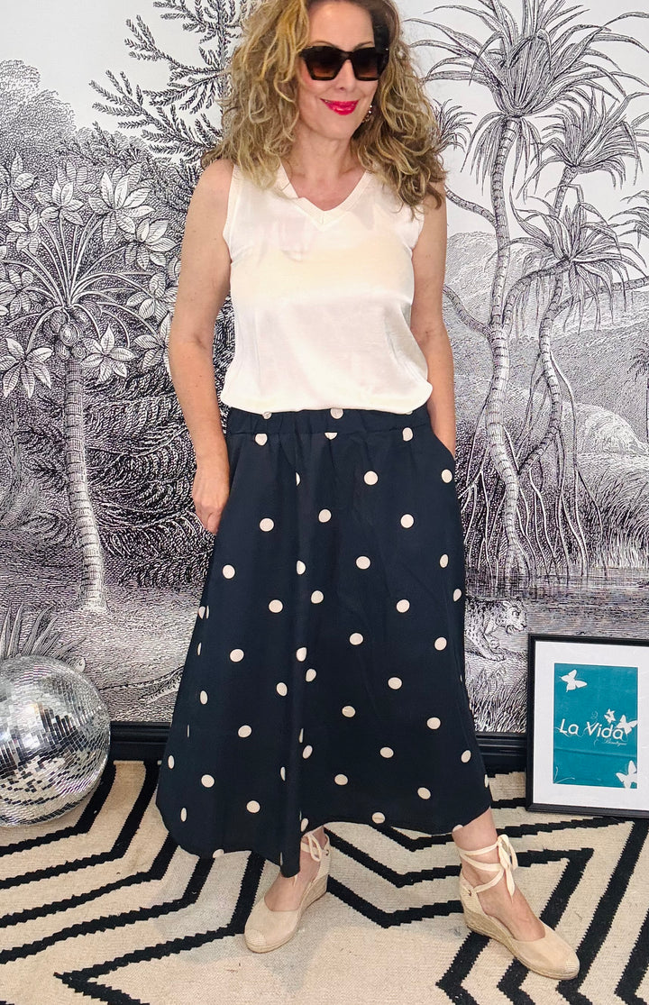 Abbie Skirt in Black With White Polka Dots