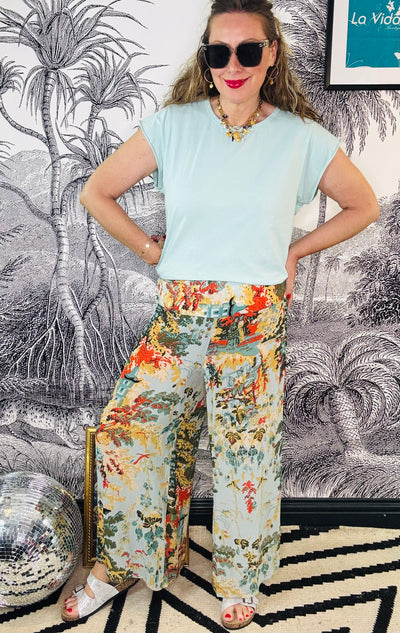 China Tree Aqua Crepe Palazzo Trousers
