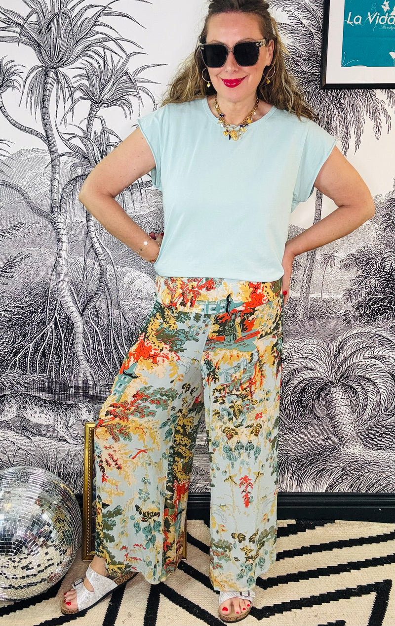 China Tree Aqua Crepe Palazzo Trousers