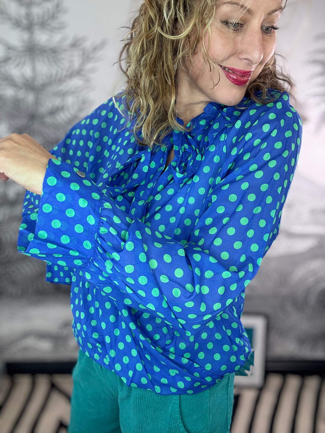 Camilla Ruffle Tie Neck Polka Dot Cotton Blouse