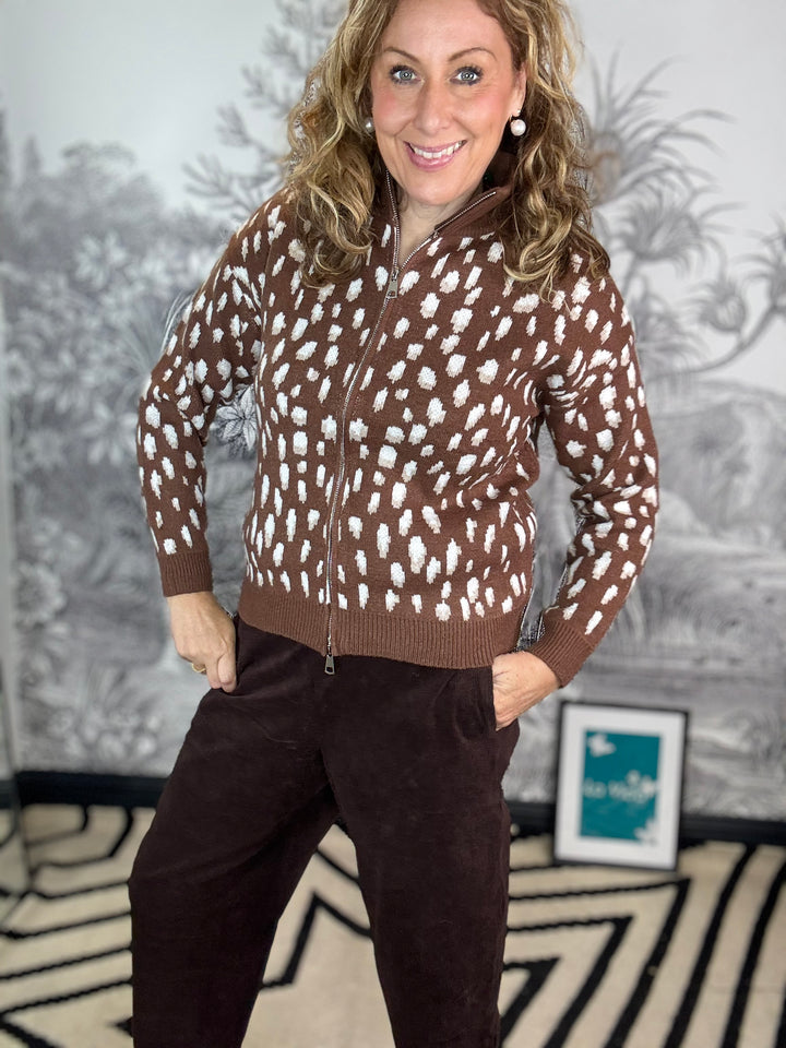 Bambi Deer Print Fluffy Knit Zipper Cardigan