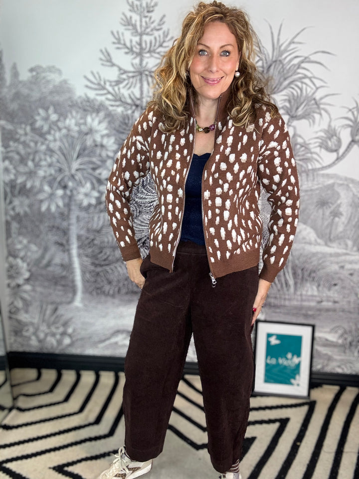 Bambi Deer Print Fluffy Knit Zipper Cardigan