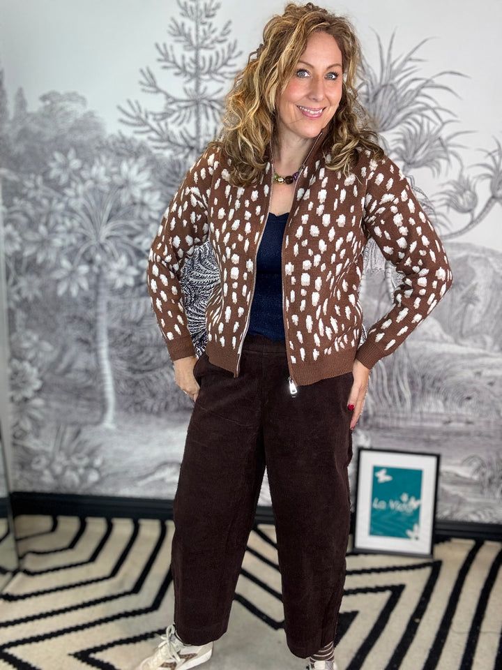 Bambi Deer Print Fluffy Knit Zipper Cardigan