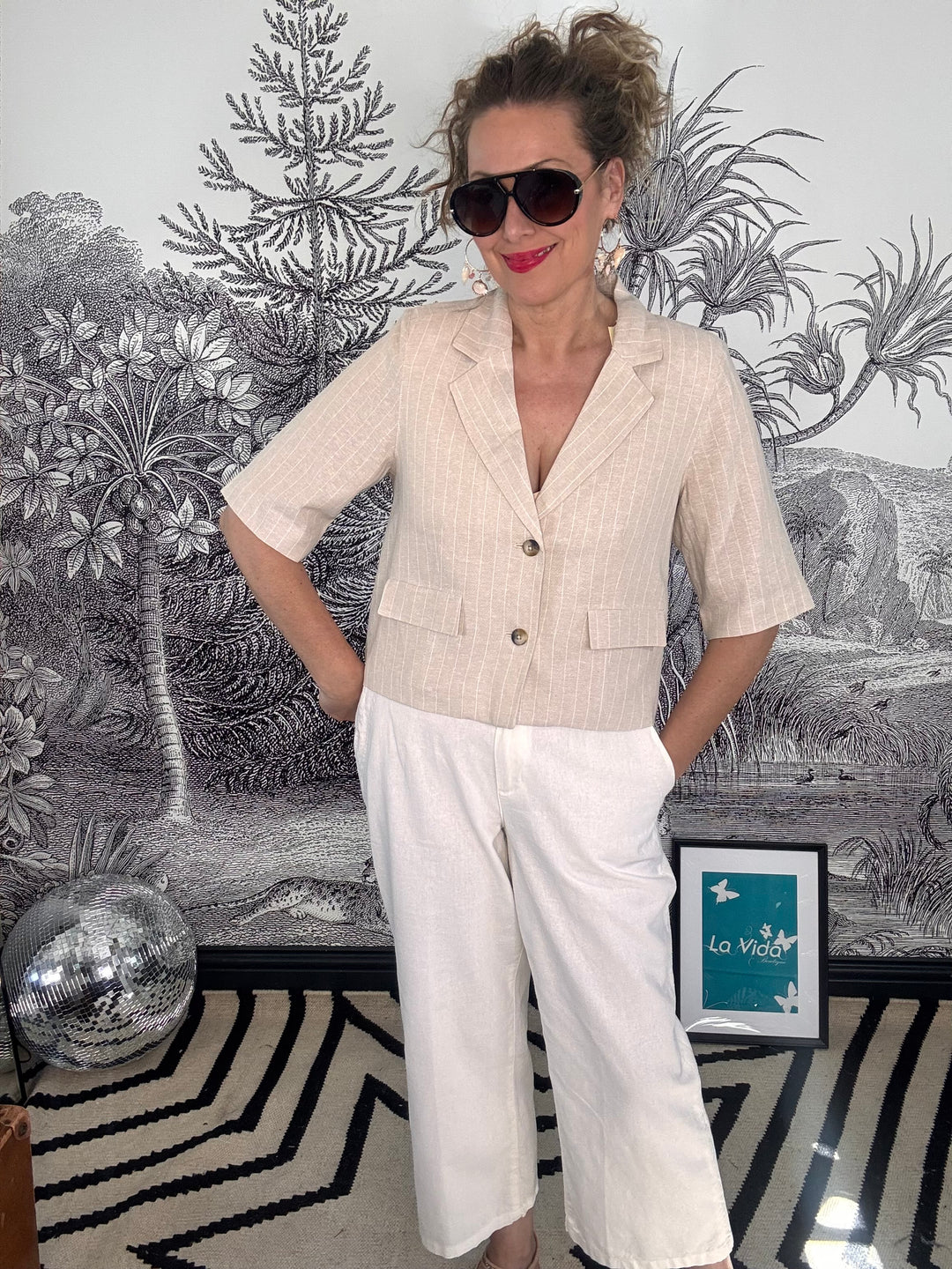 Summer Blazer in Linen/Visco Pinstripe pebble