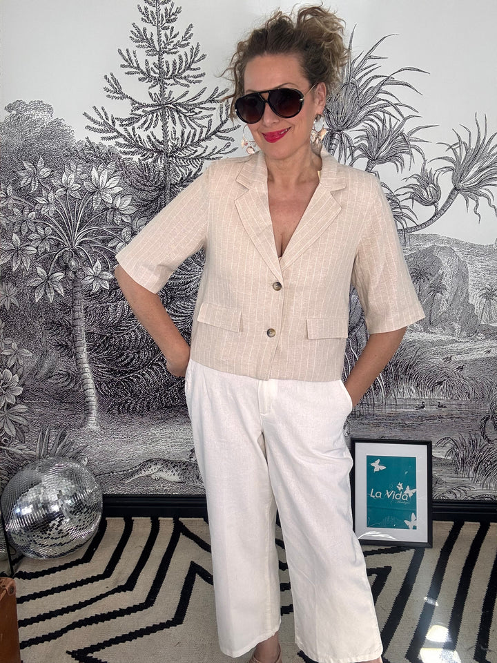 Summer Blazer in Linen/Visco Pinstripe pebble