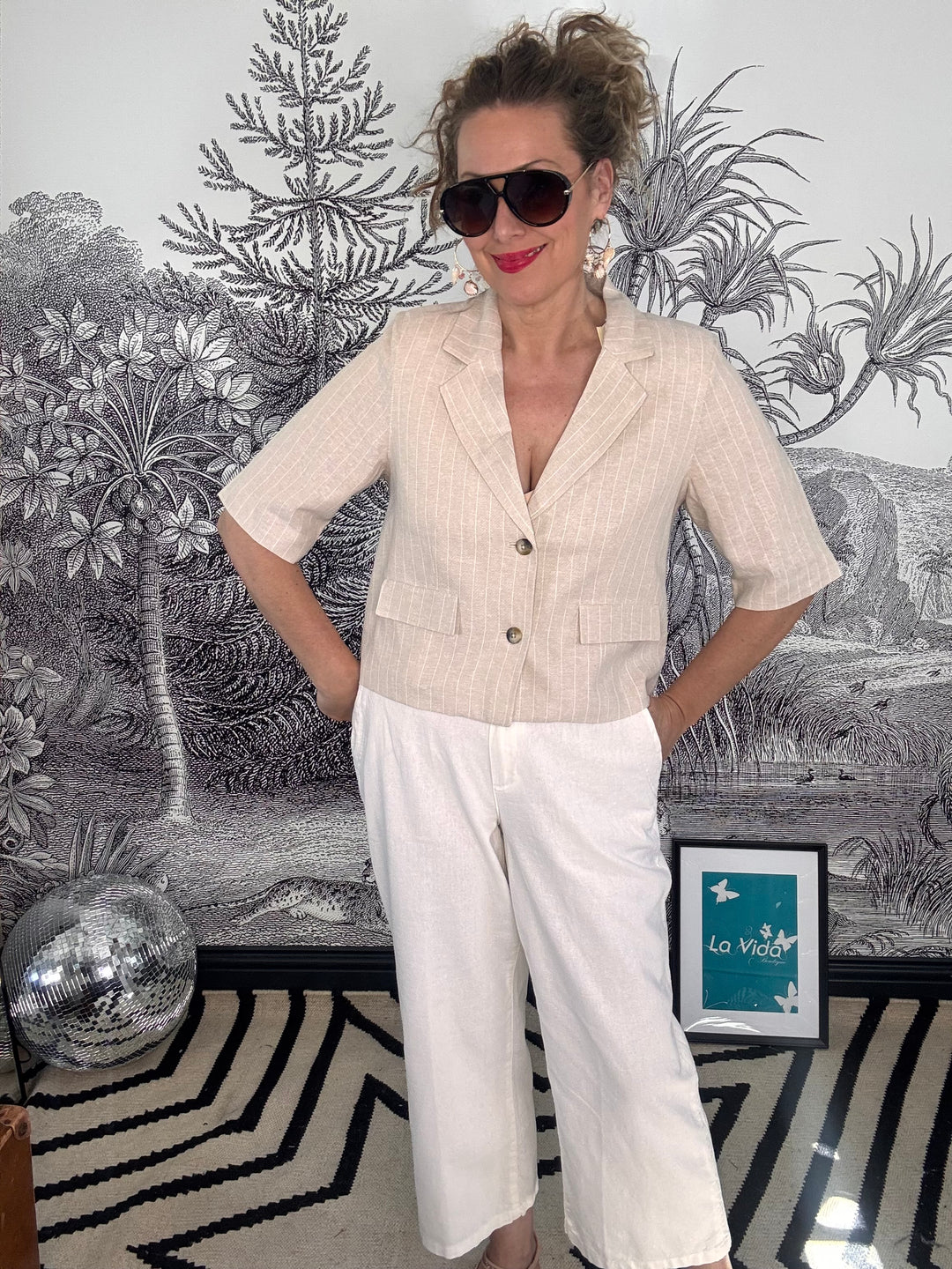 Summer Blazer in Linen/Visco Pinstripe pebble